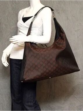GUCCI XL Hobo Travel Bag GG Nylon Leather Dark Brown w/ Luggage Tag VTG RARE